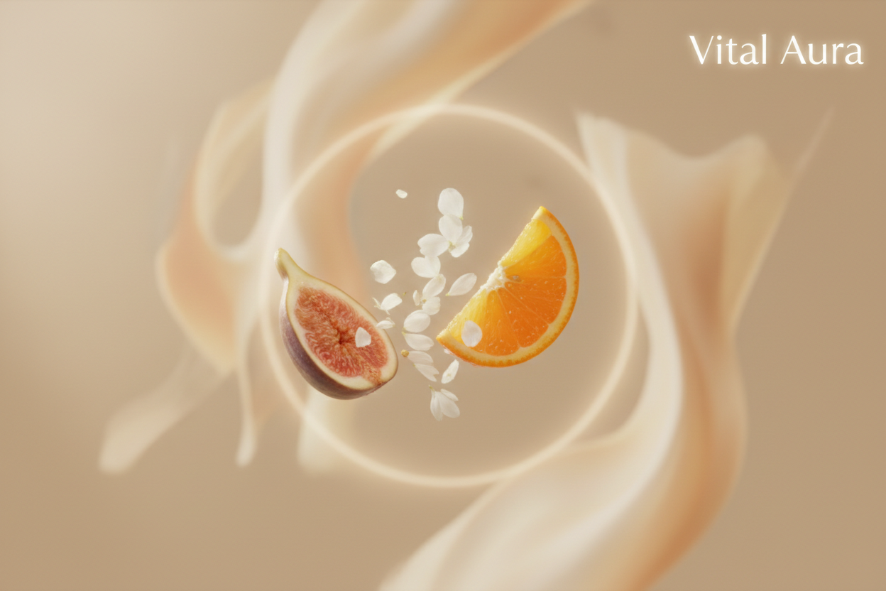 Create a short cinematic wellness brand video for a company called “Vital Aura”.

The video should feel calm, fresh, and intelligent — blending nature with modern design.

Scene opens with soft natural light and a warm beige background.
Subtle movement of organic elements: a fig slice, soft citrus, and delicate flower petals floating slowly in the air.
Motion is slow, fluid, and weightless, like breath.

A faint abstract glow or soft morphing gradient moves in the background, hinting at modern AI-inspired d